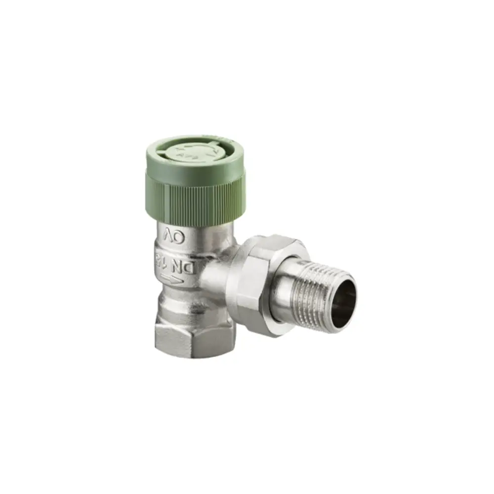 Thermostatventil von Oventrop in Eckform mit einer grünen Einstellkappe und Gewindeanschlüssen. Metallische Oberfläche, kompaktes Design.